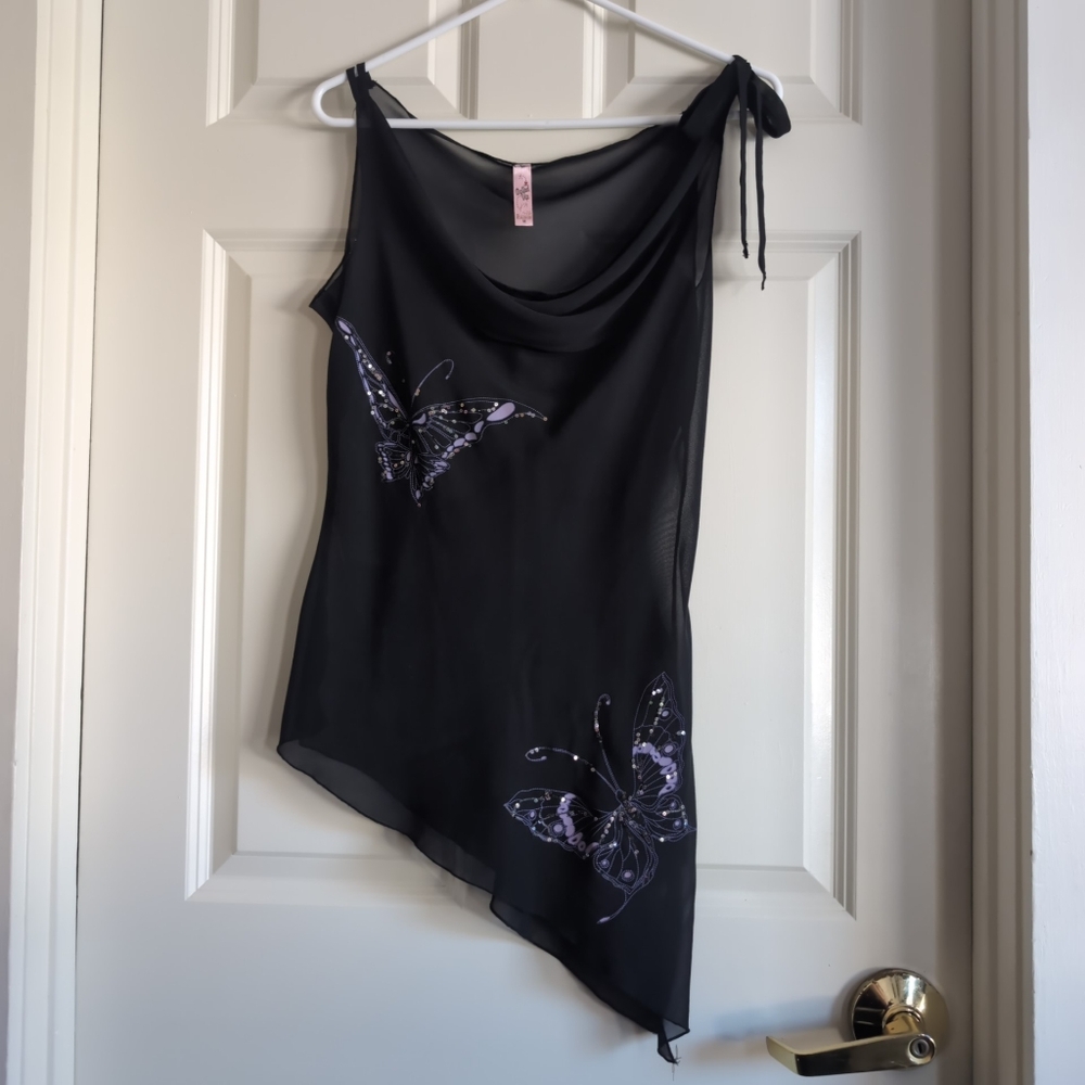 Vintage Y2K black sheer mesh butterfly fairy top asymmetrical shark bite hem
